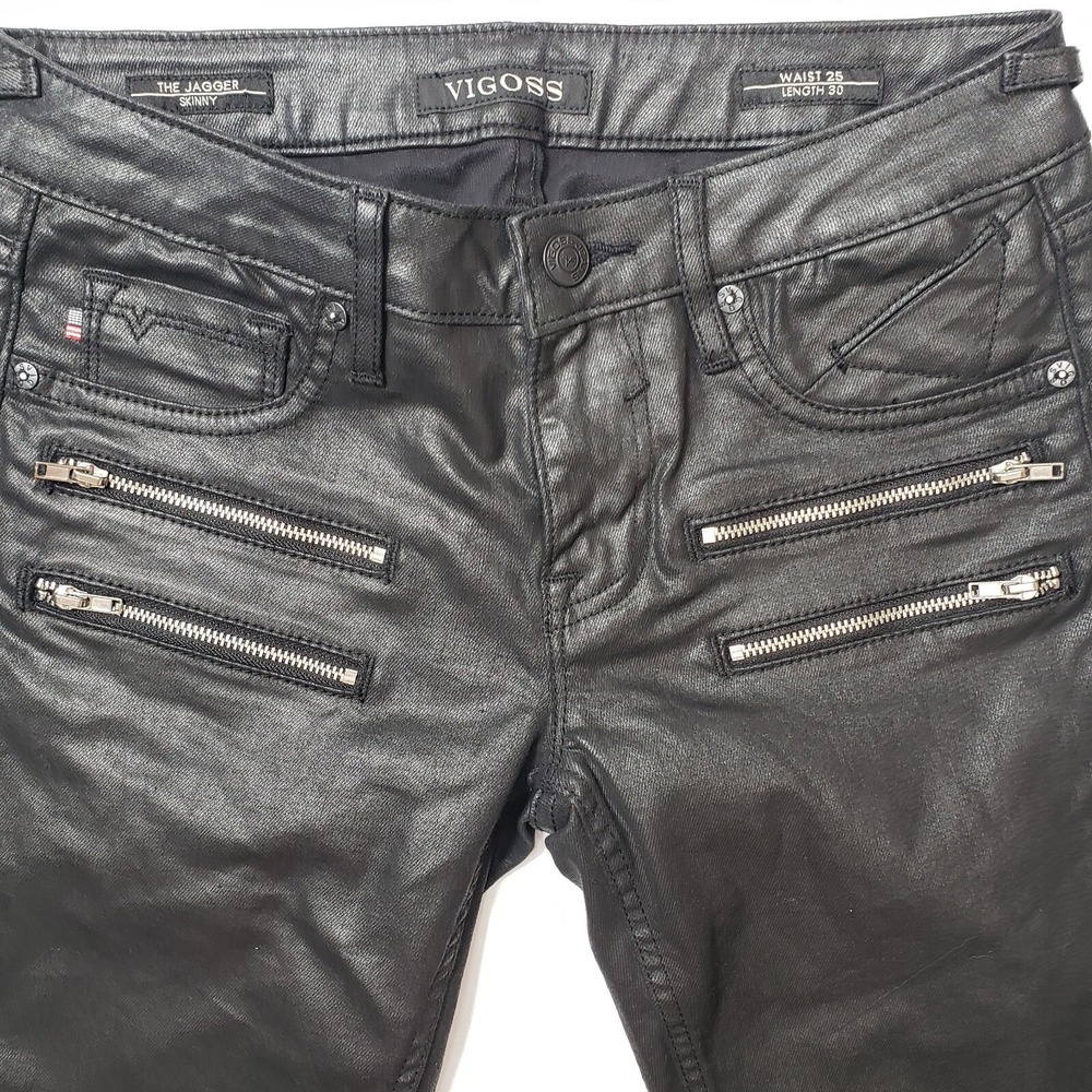 Vigoss Shiny Black The Jagger Moto‎ Pants Skinny Zippers Womens Size 25 Mid rise - Picture 7 of 8